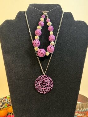 Purple Jewelry Set | Filigree Pendant Necklace + Beaded Bracelet